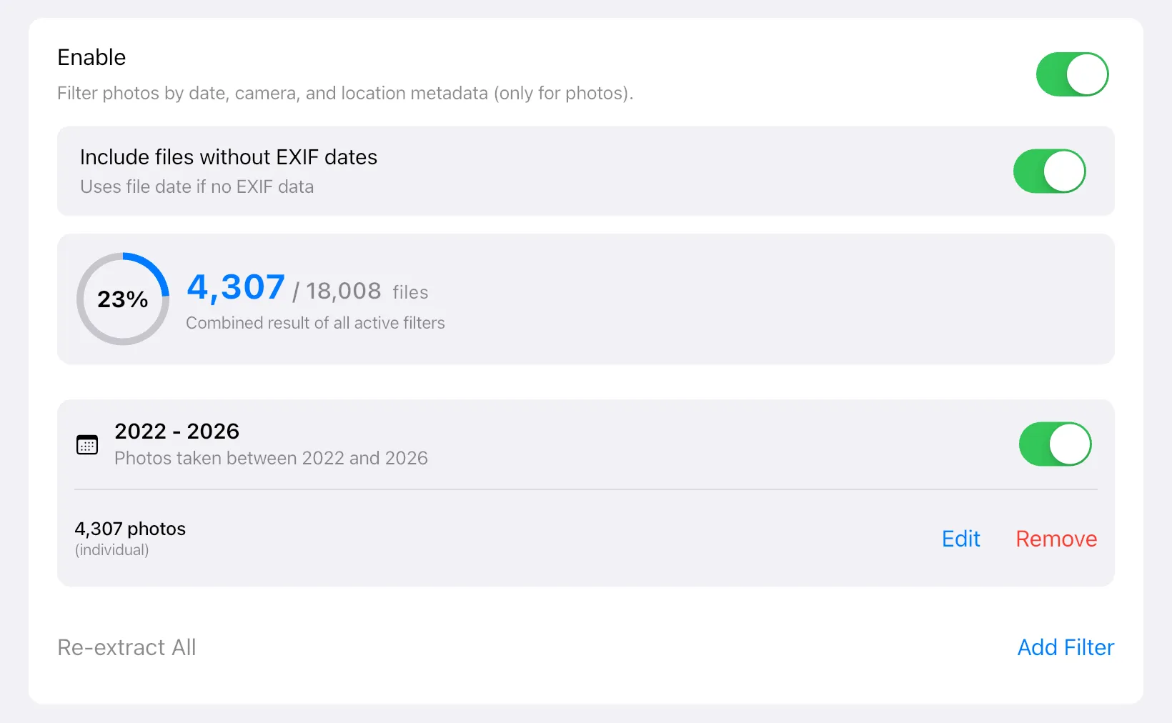 الإعدادات في التطبيق: بيانات EXIF والفلاتر