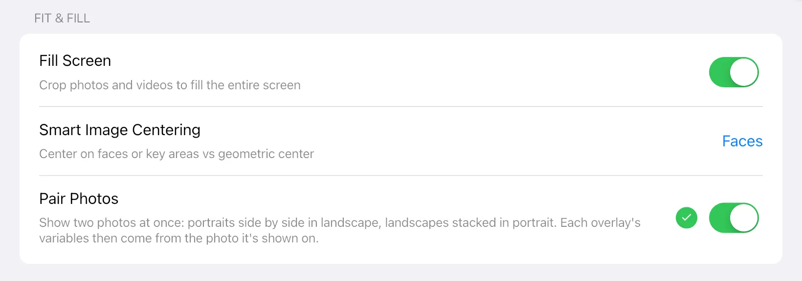 Settings in the app: Pair Photos Side by Side