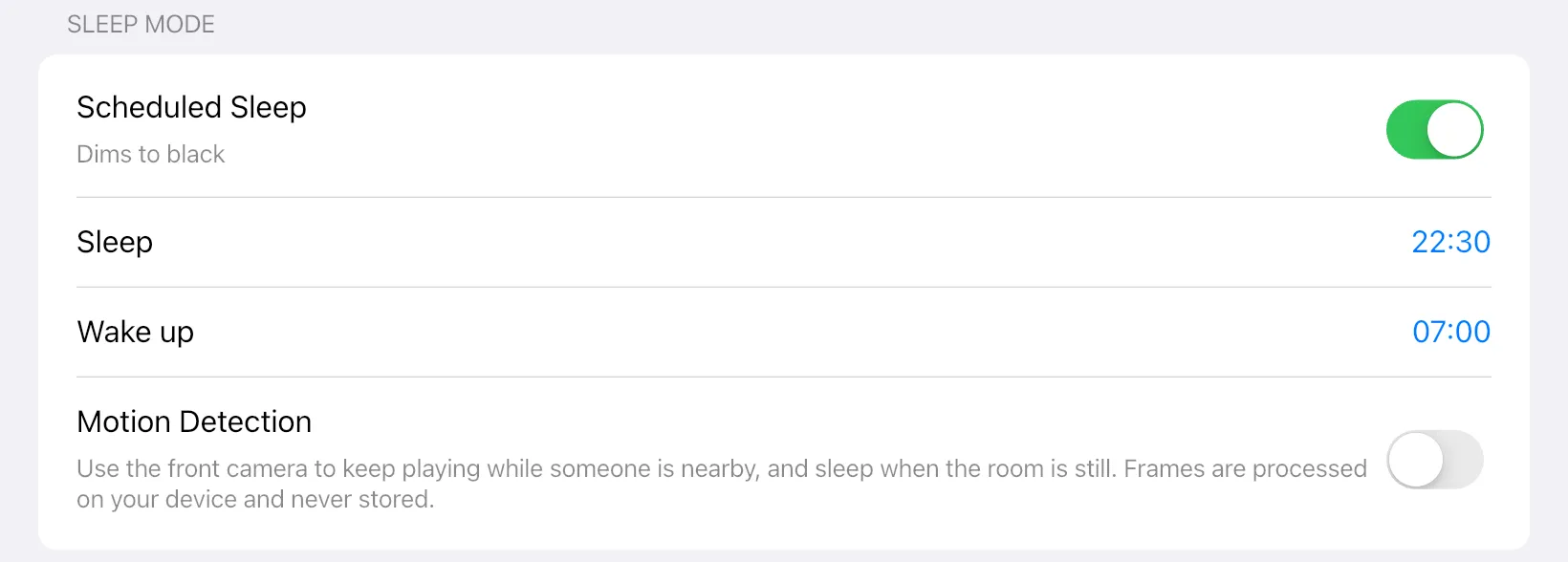 Settings in the app: Sleep & Wake