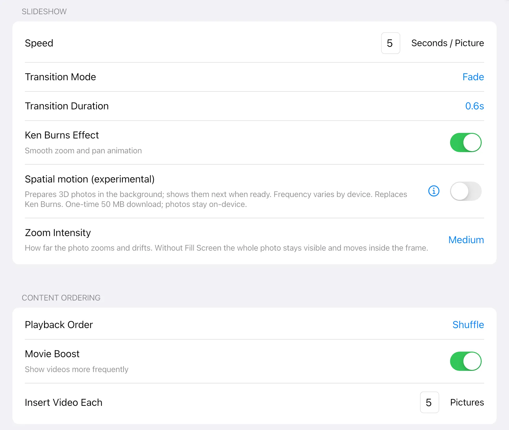 Settings in the app: Smart Slideshow