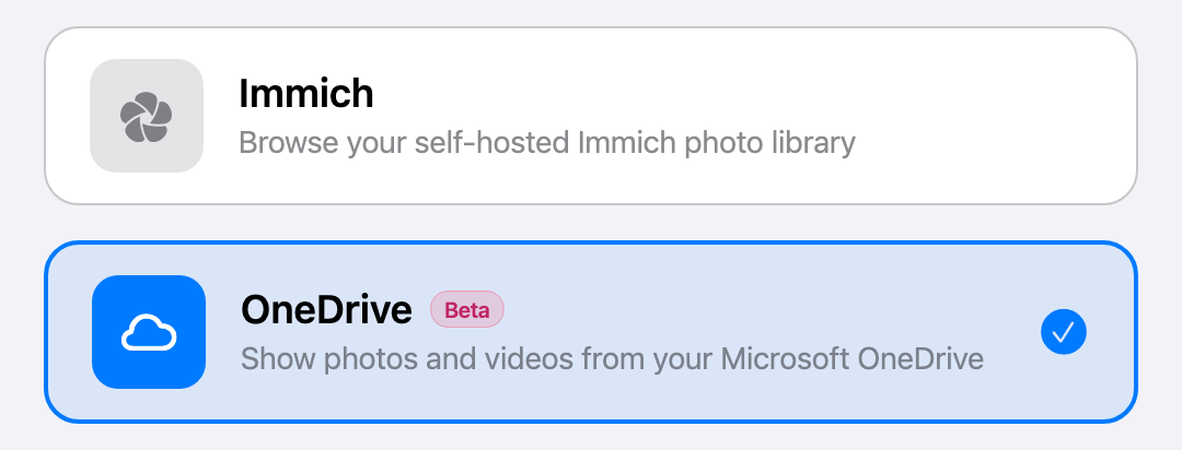 Pixette's connection methods with the OneDrive card selected and marked Beta
