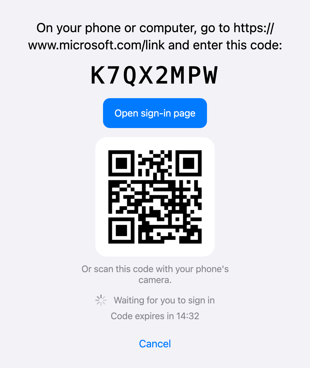 Pixette's Microsoft sign-in screen showing the code, the Open sign-in page button and a QR code