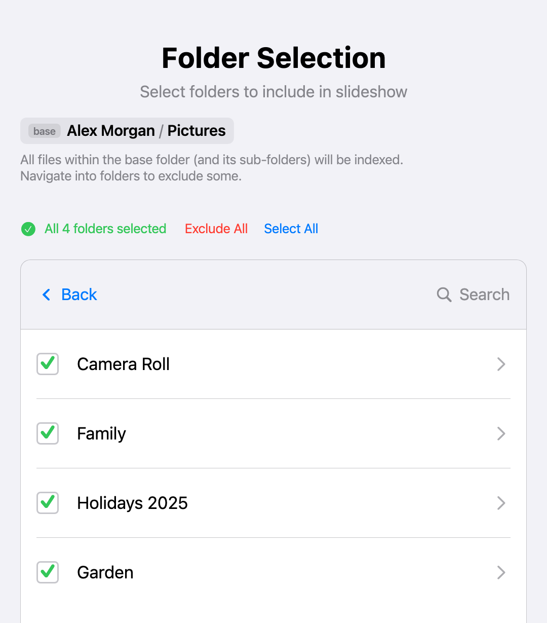 Pixette's folder browser showing the folders inside the Pictures folder of a OneDrive